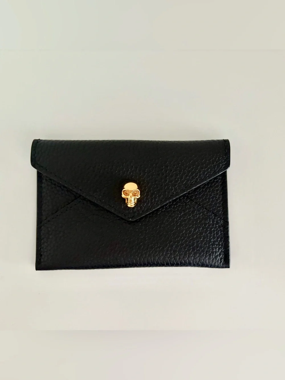Alexander McQueen Black Pebbled Leather Card Case with Gold Skull